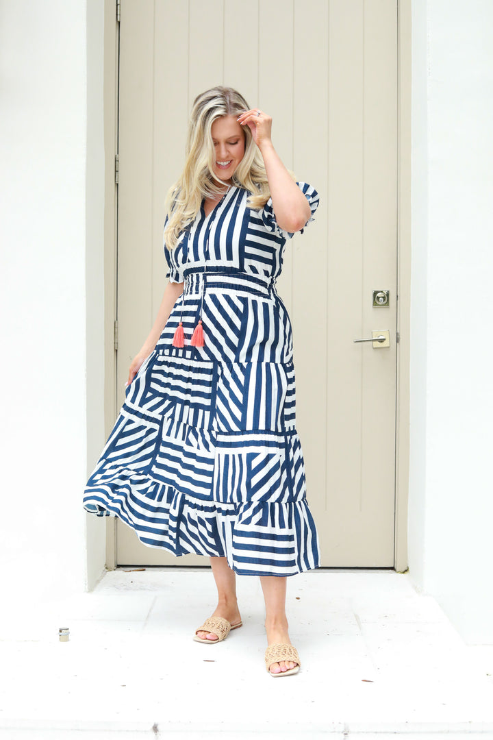 Striped Tie Neck Midi Dress