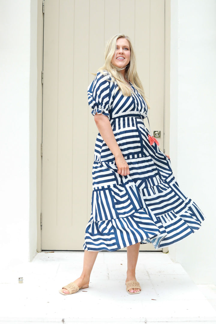 Striped Tie Neck Midi Dress