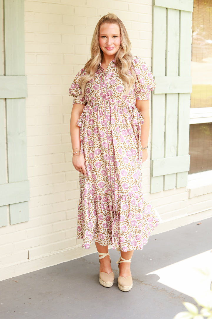Tie Sides Puff Sleeve Midi Dress