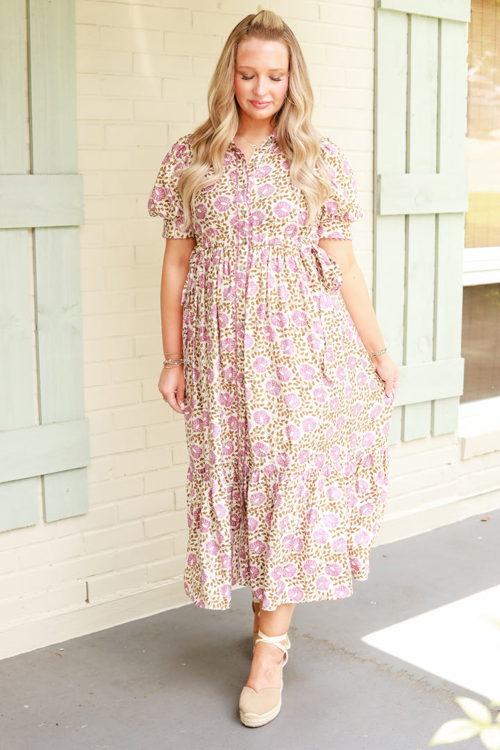 Tie Sides Puff Sleeve Midi Dress
