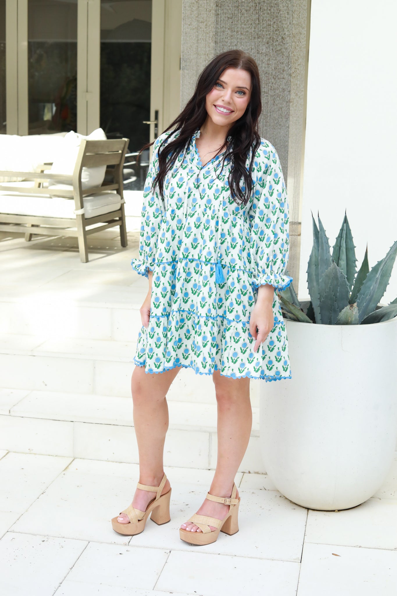 Blue Flower Tie Neck Dress