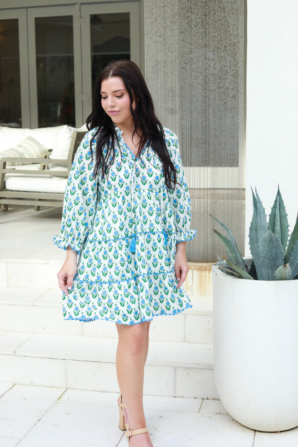 Blue Flower Tie Neck Dress