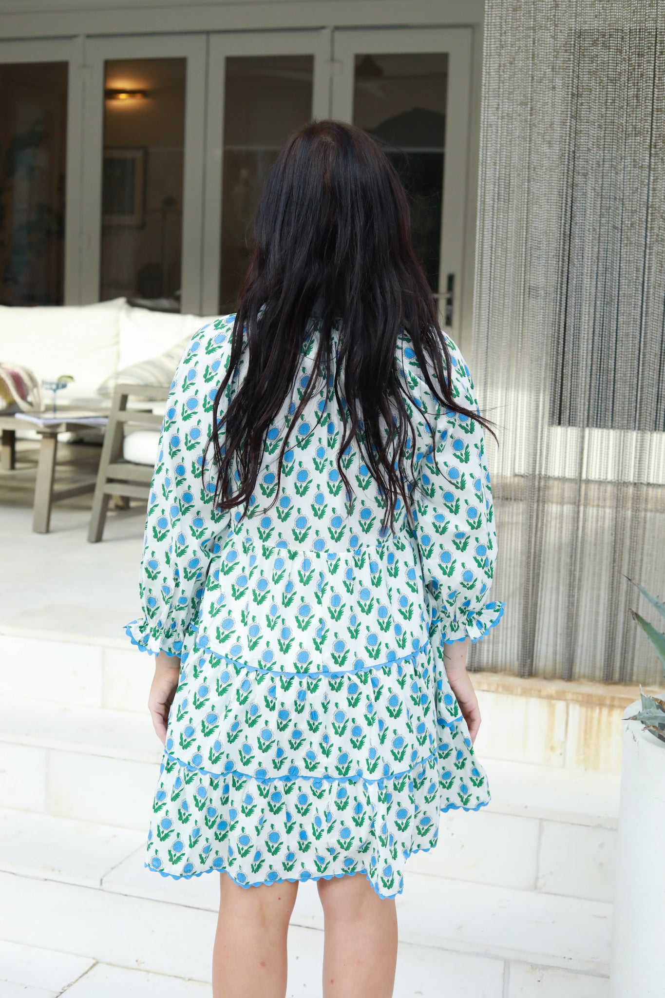 Blue Flower Tie Neck Dress