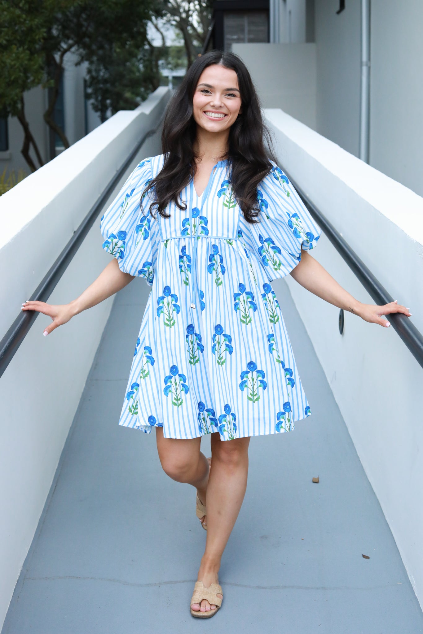 Floral Stripe Puff Sleeve Dress