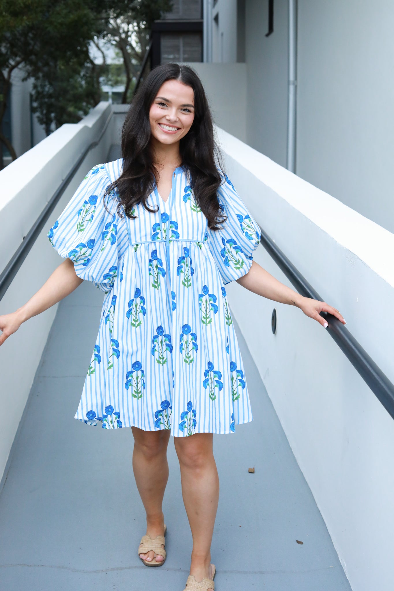 Floral Stripe Puff Sleeve Dress