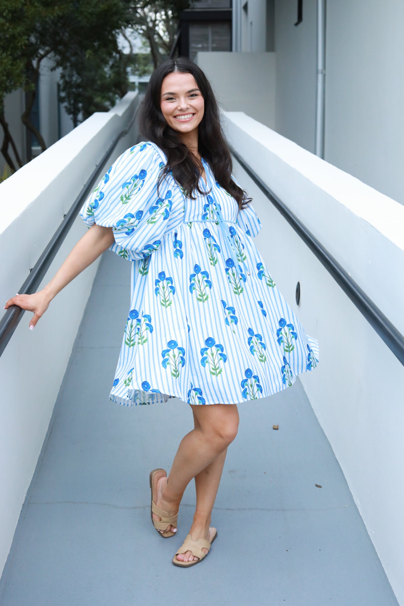 Floral Stripe Puff Sleeve Dress