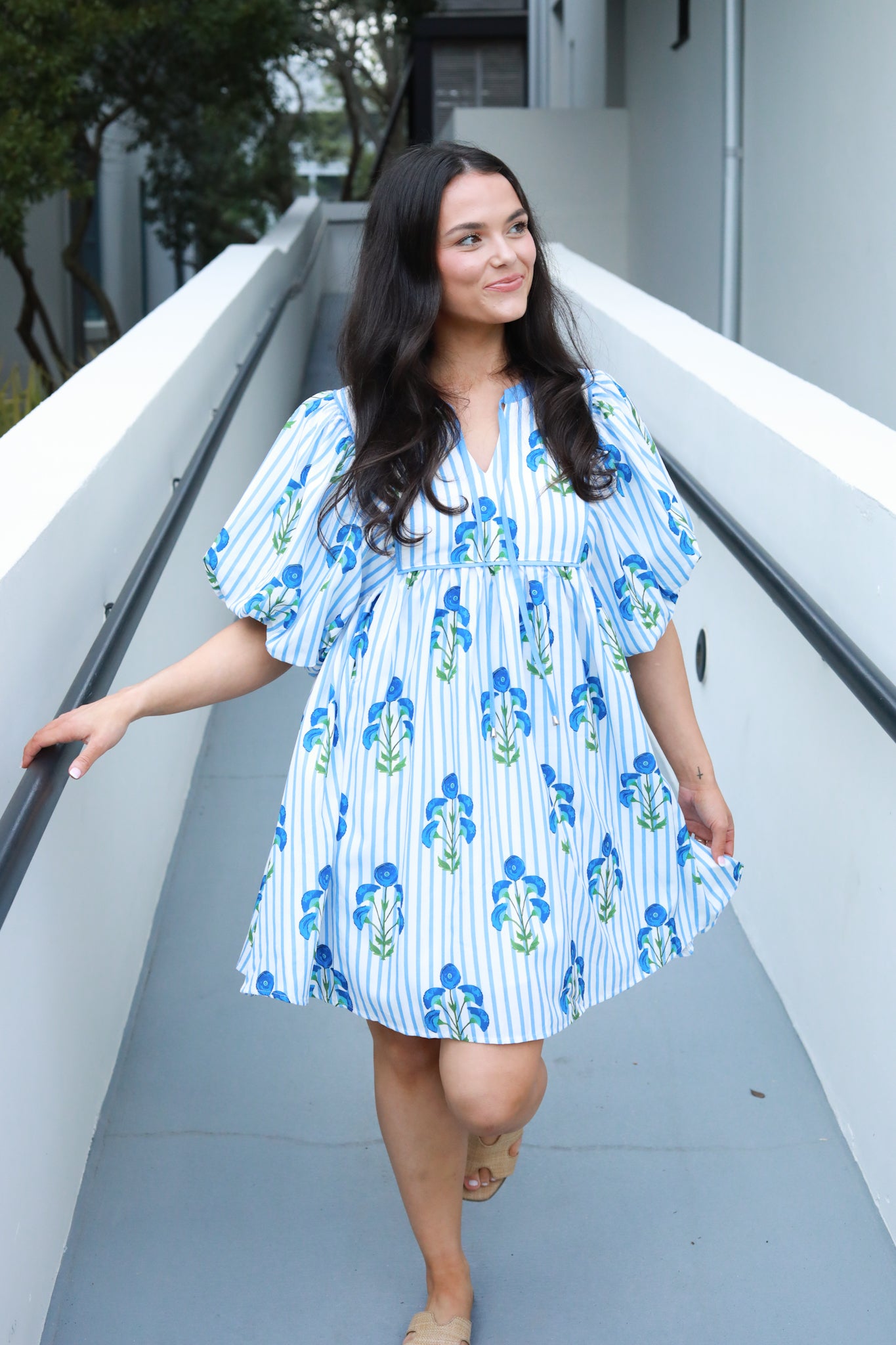 Floral Stripe Puff Sleeve Dress