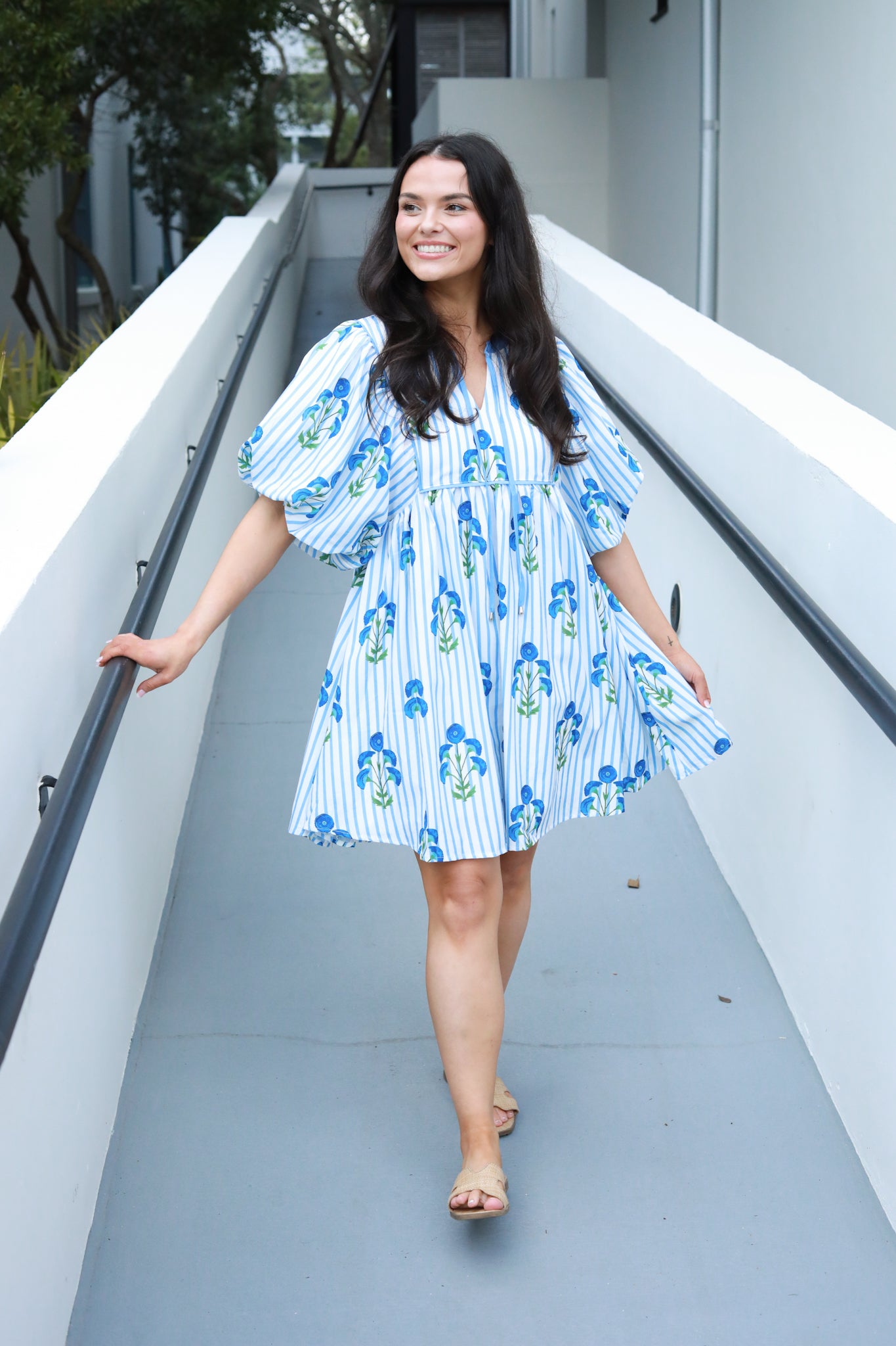 Floral Stripe Puff Sleeve Dress