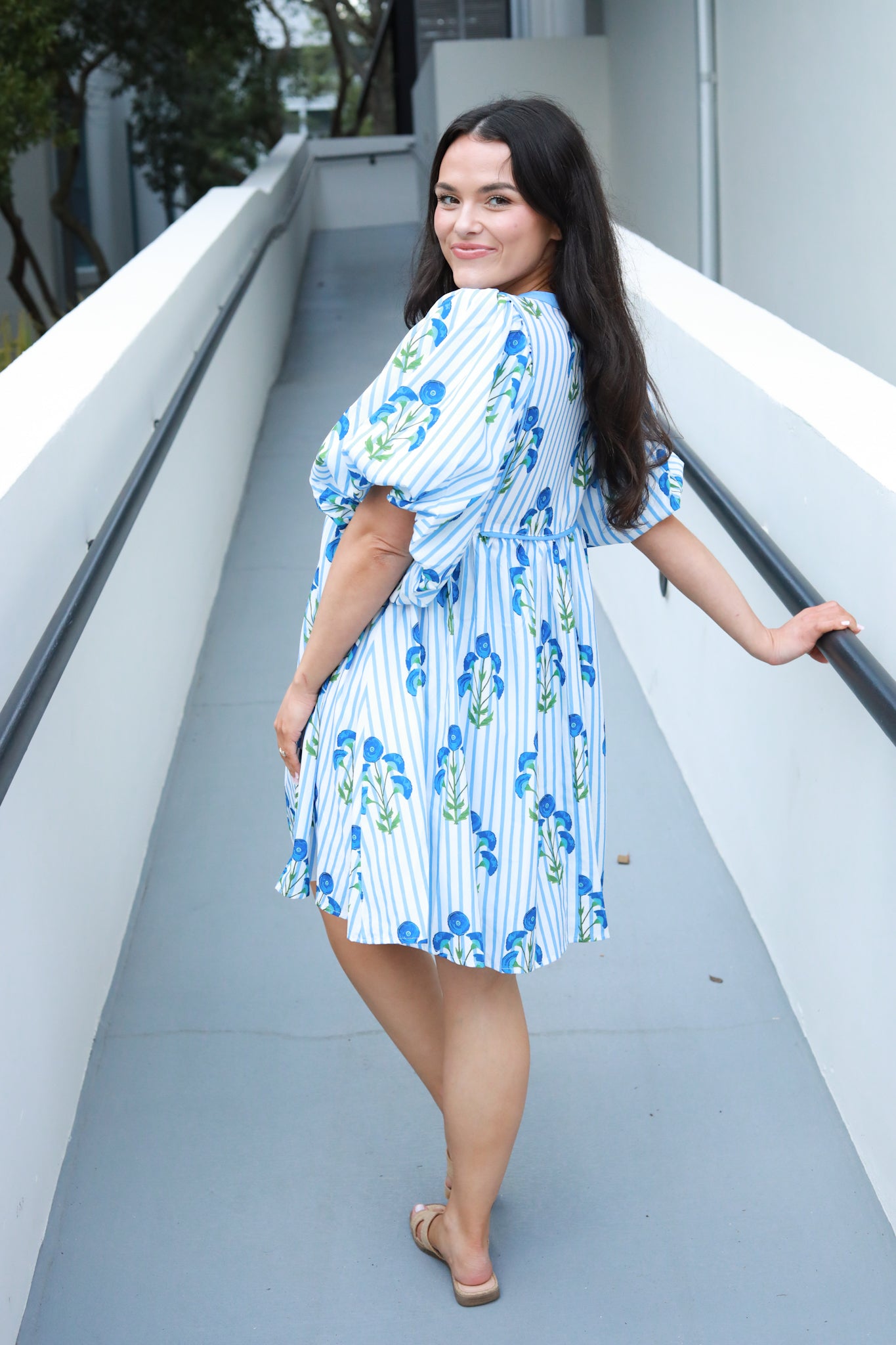 Floral Stripe Puff Sleeve Dress