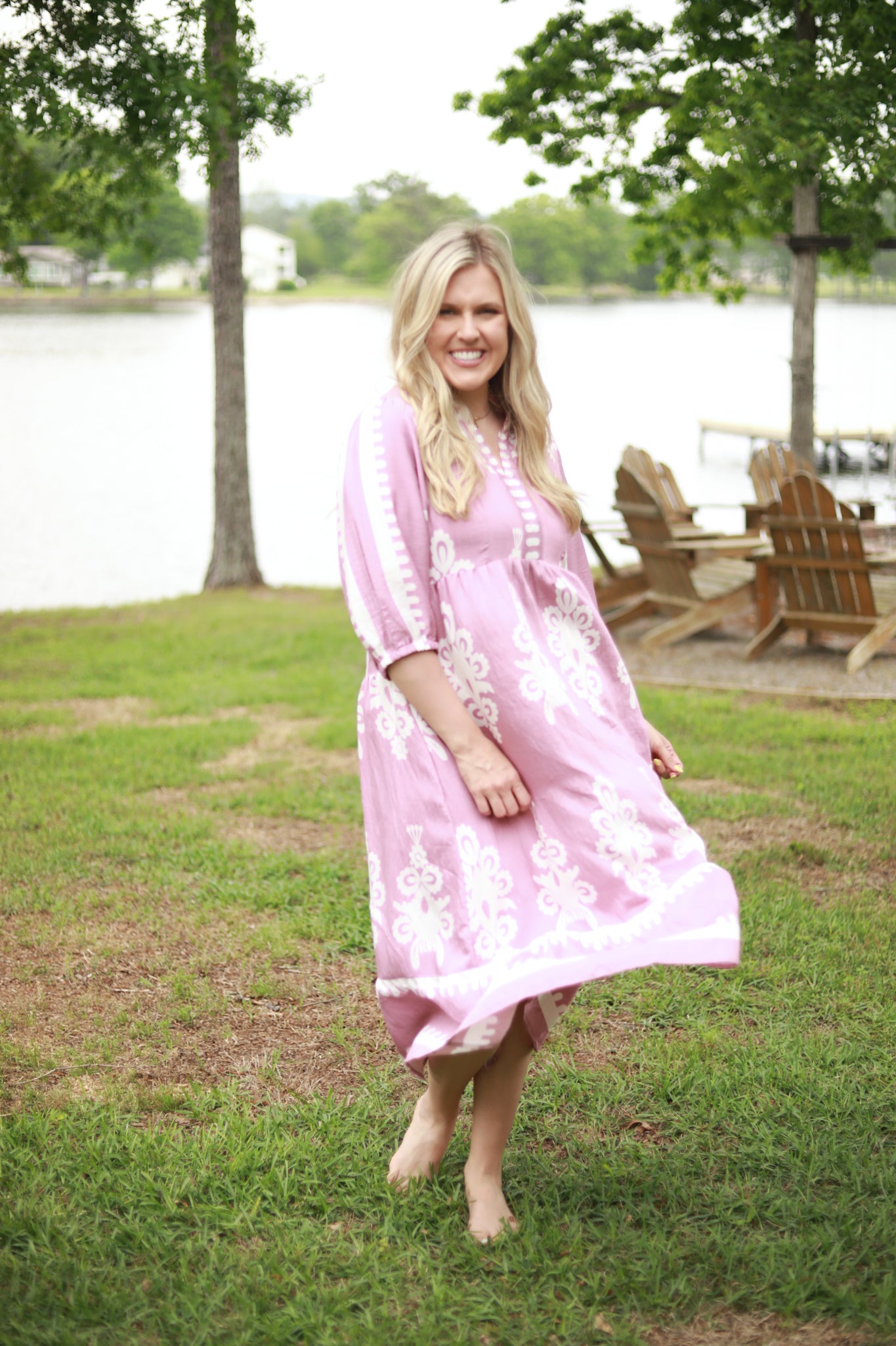 White Scroll Print Midi Dress