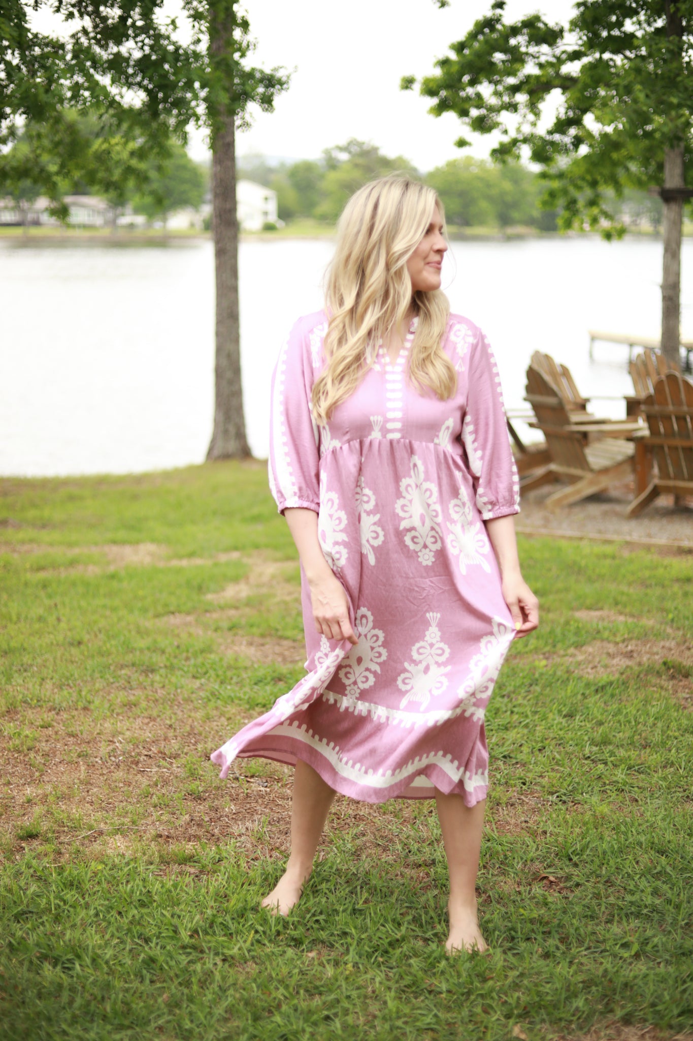 White Scroll Print Midi Dress
