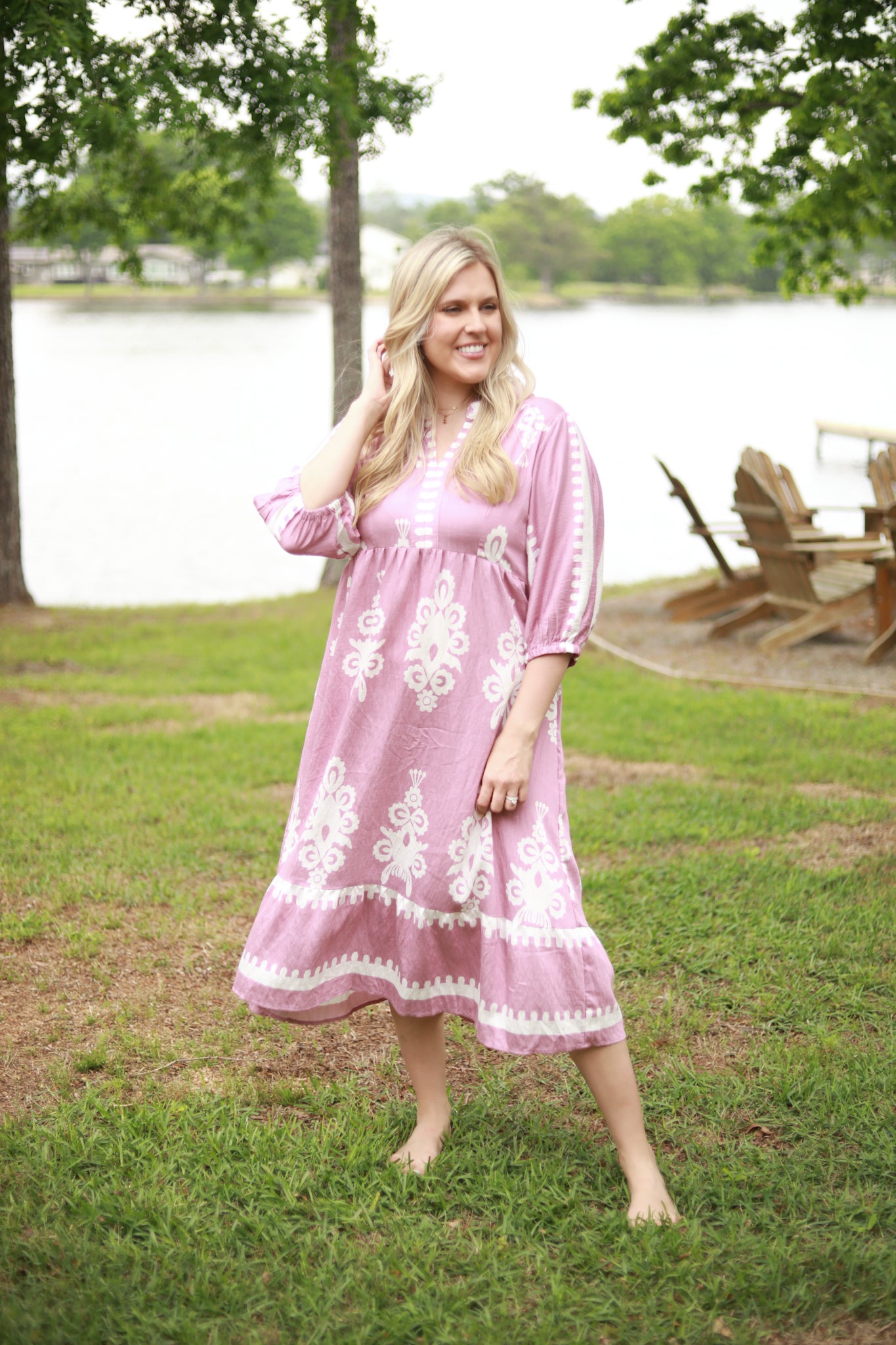 White Scroll Print Midi Dress