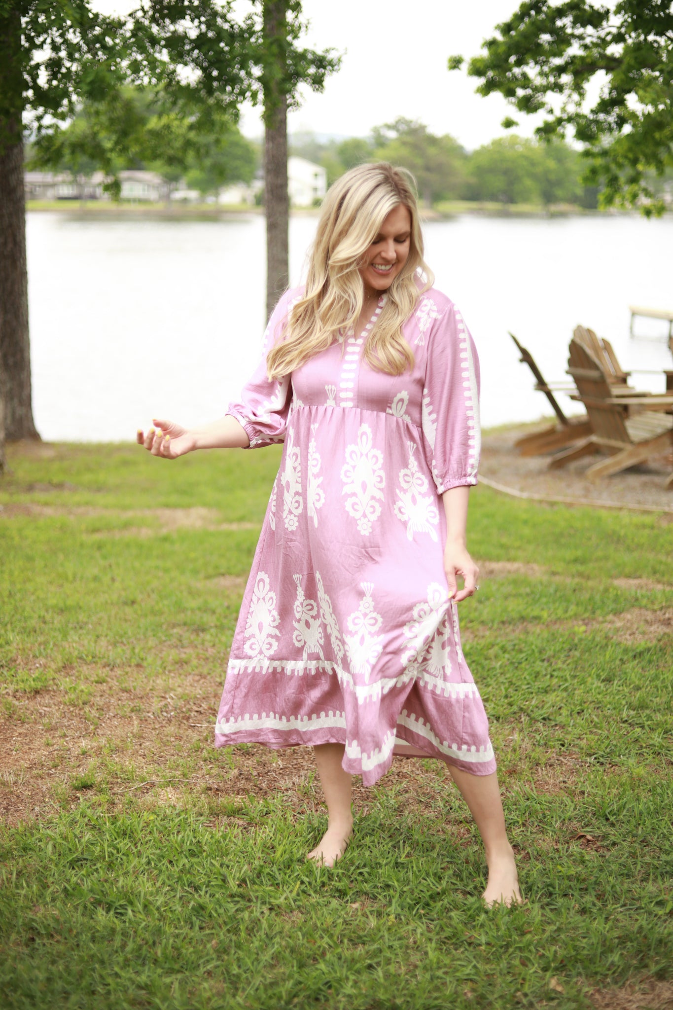 White Scroll Print Midi Dress