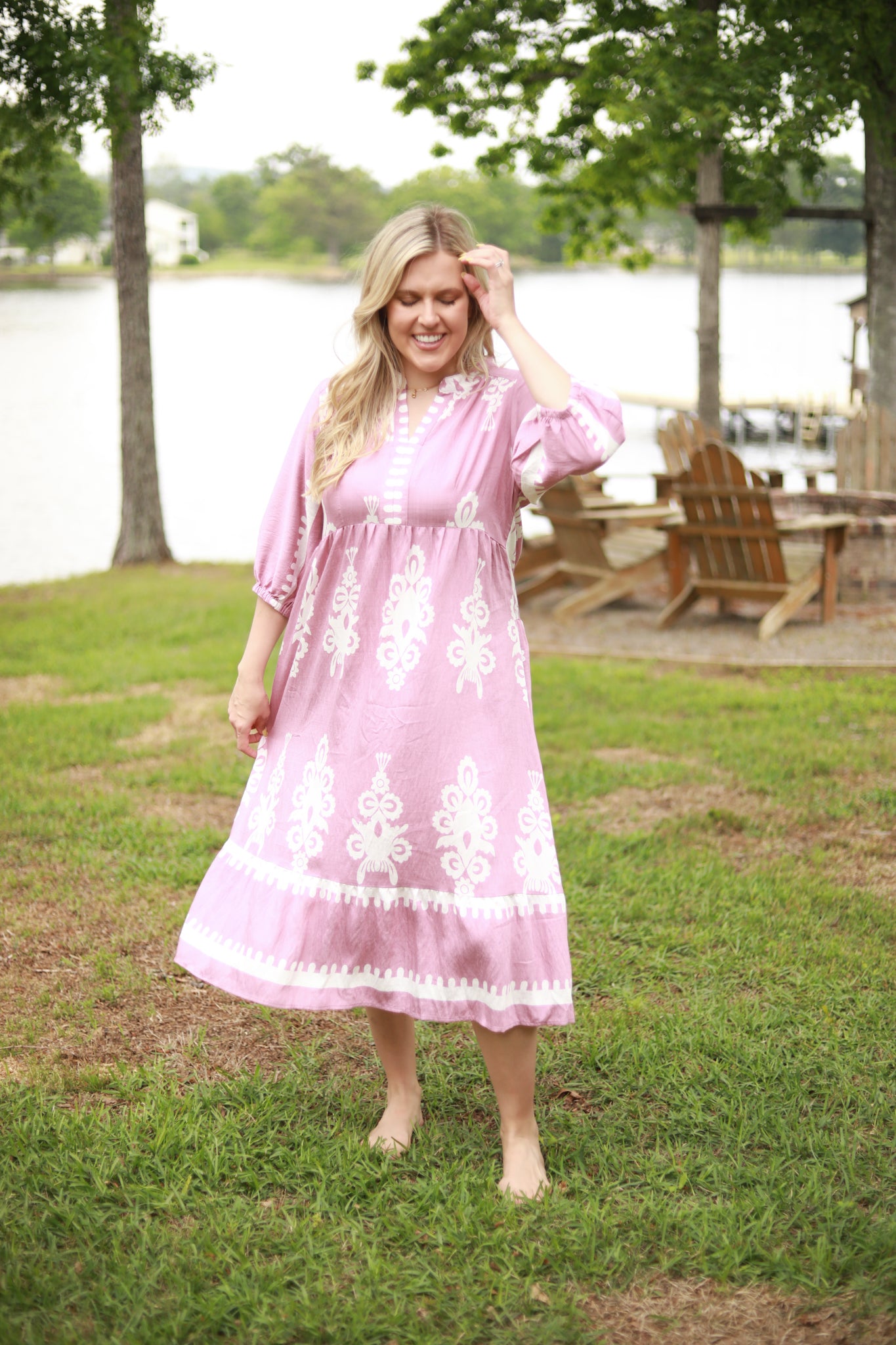 White Scroll Print Midi Dress