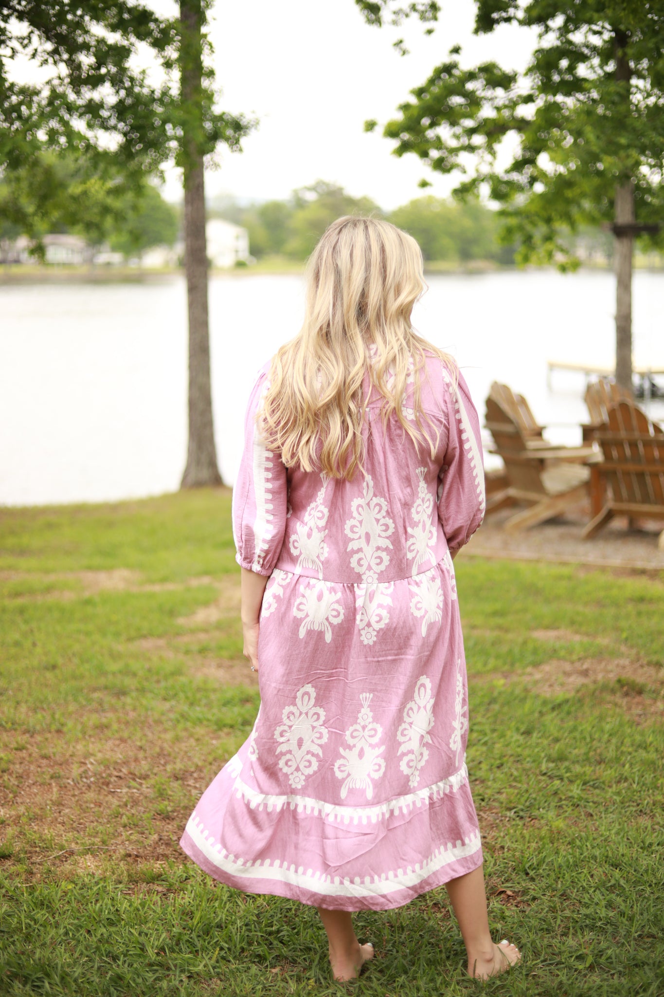 White Scroll Print Midi Dress