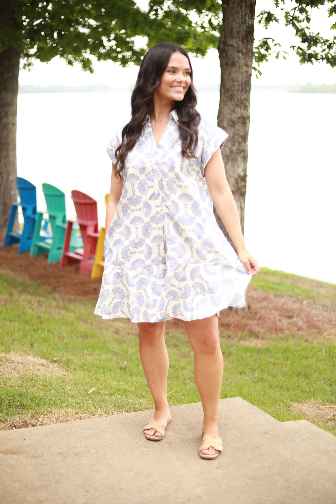 Fan Print Button Down Dress