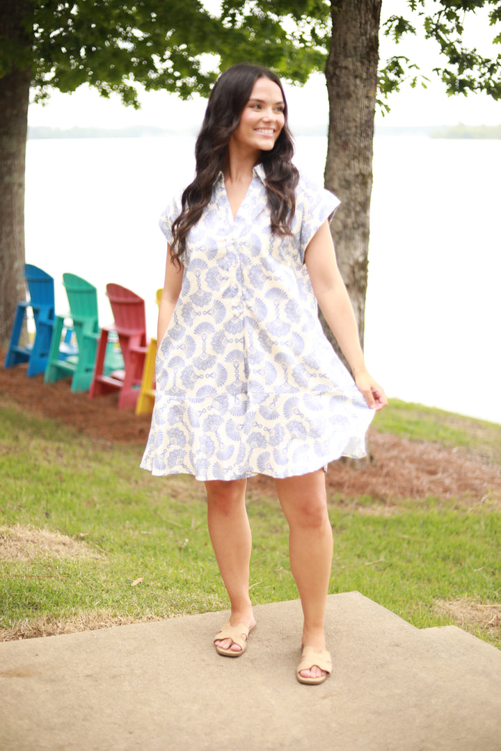 Fan Print Button Down Dress