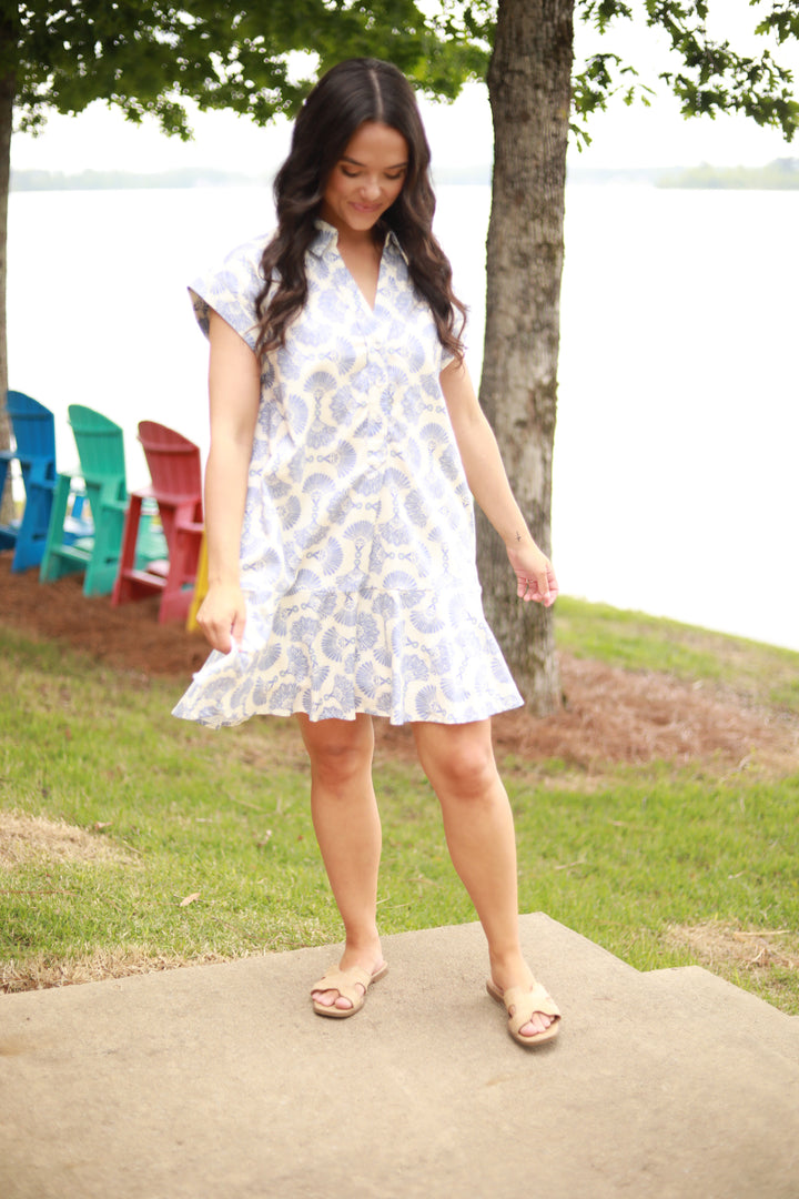 Fan Print Button Down Dress