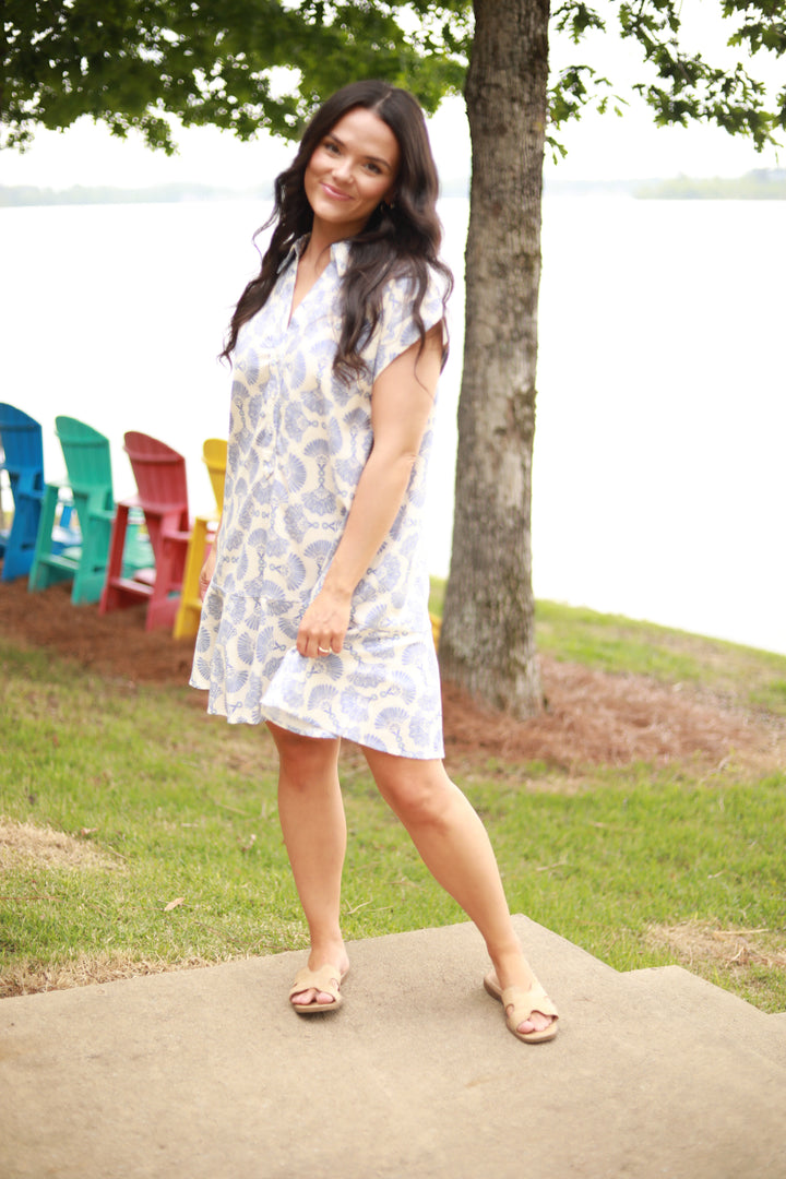 Fan Print Button Down Dress