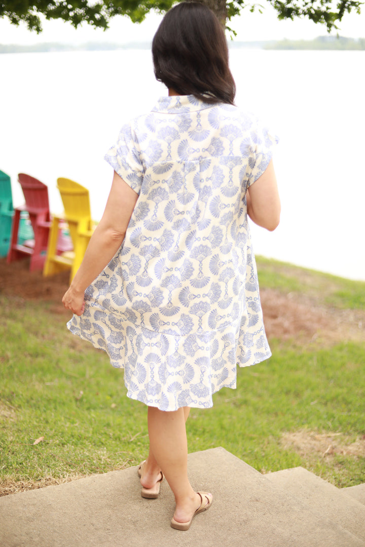 Fan Print Button Down Dress
