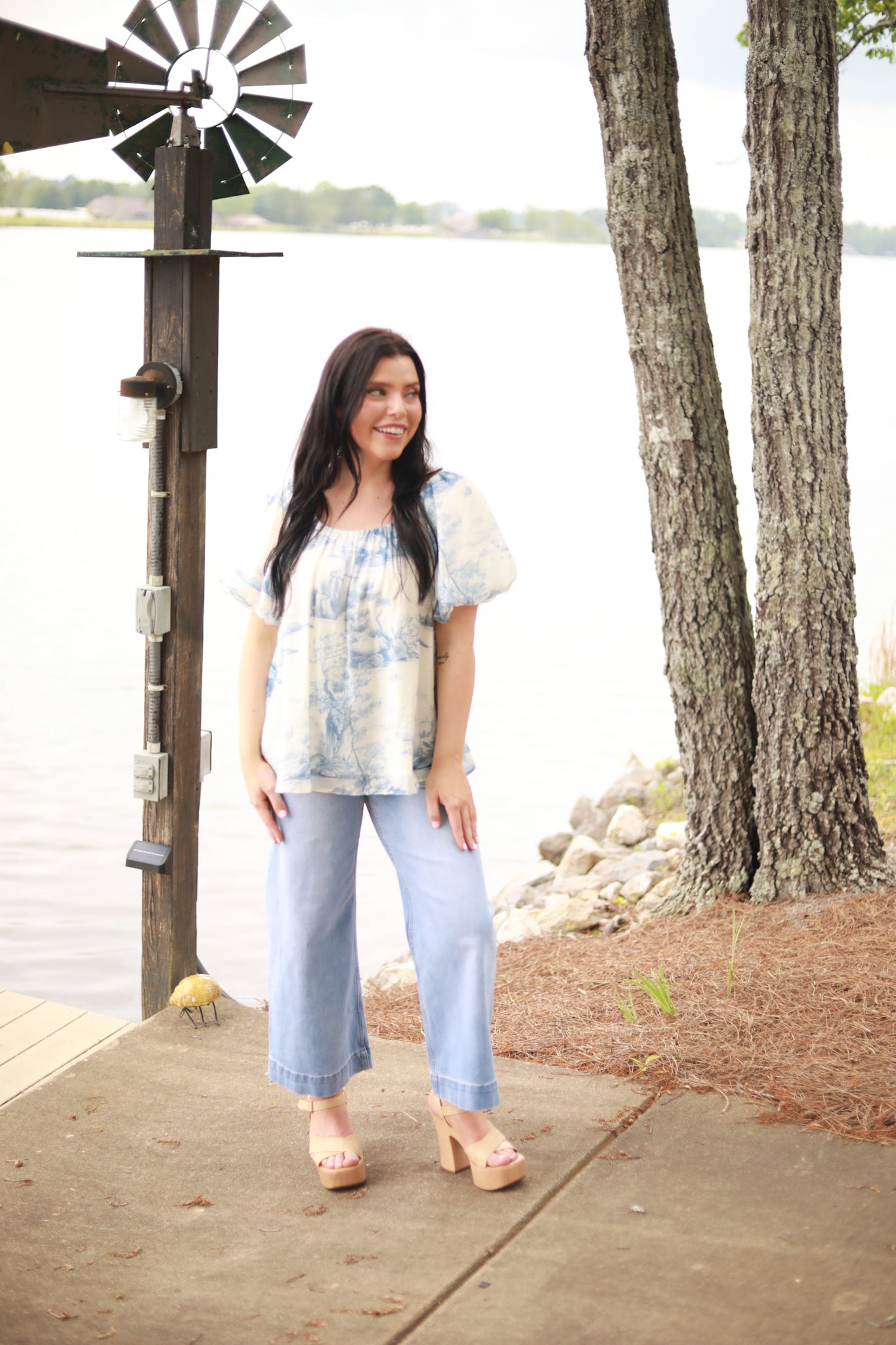 Toile Print Puff Sleeve Top