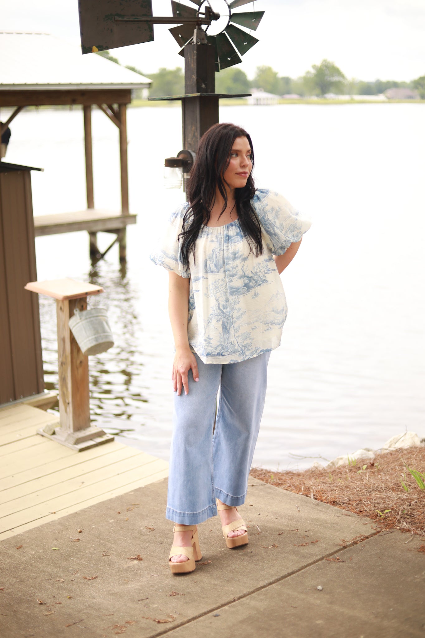 Toile Print Puff Sleeve Top