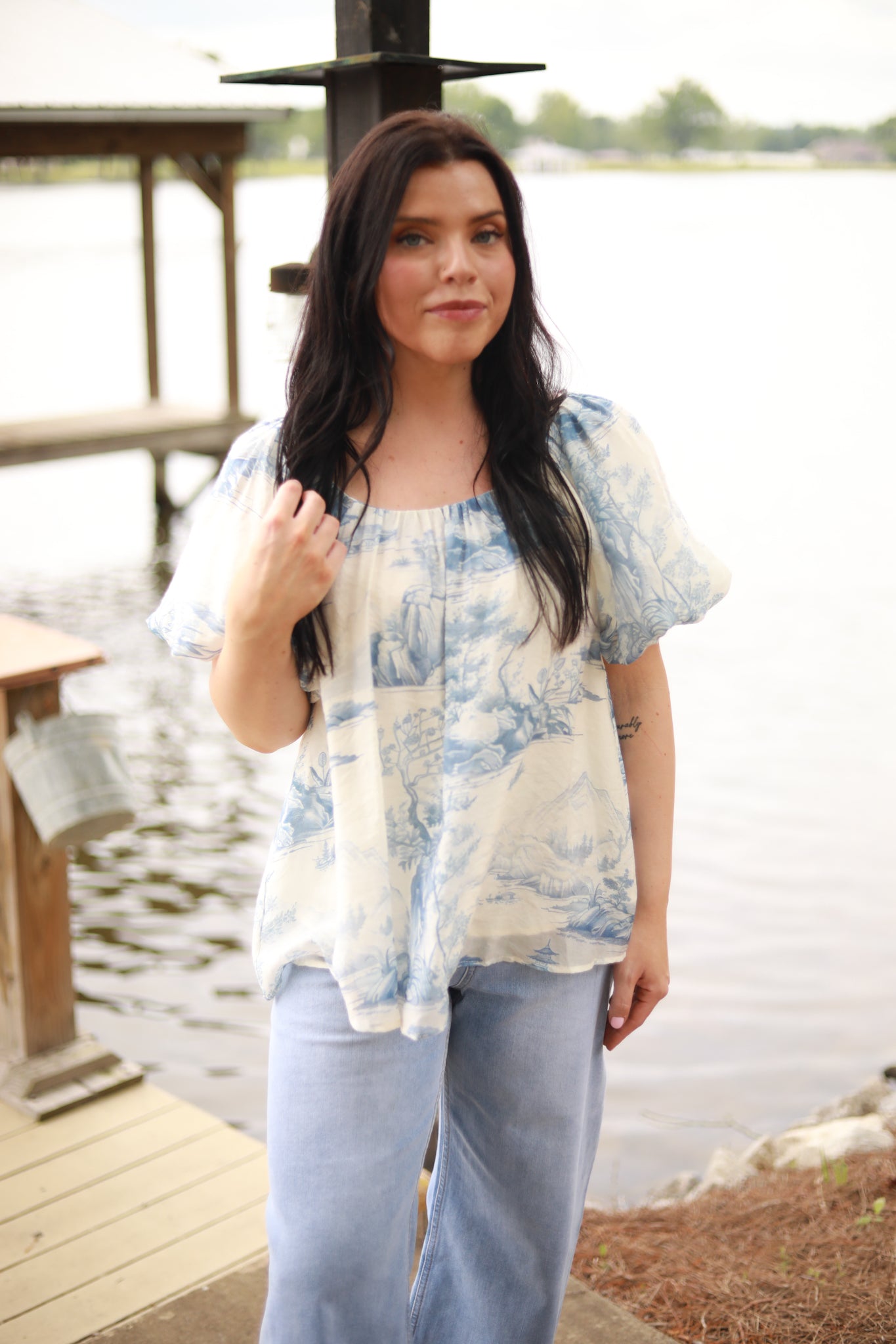Toile Print Puff Sleeve Top