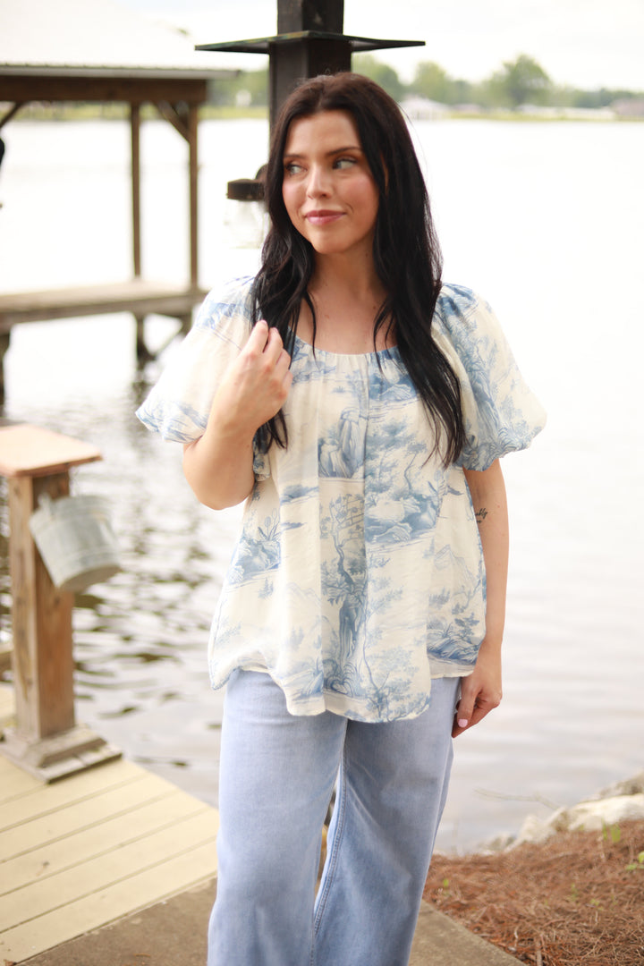 Toile Print Puff Sleeve Top