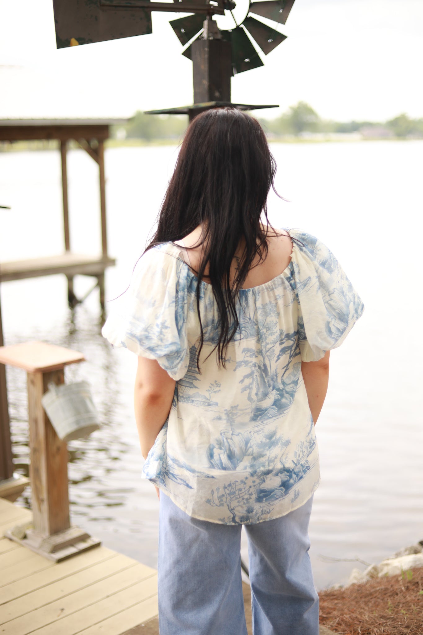 Toile Print Puff Sleeve Top
