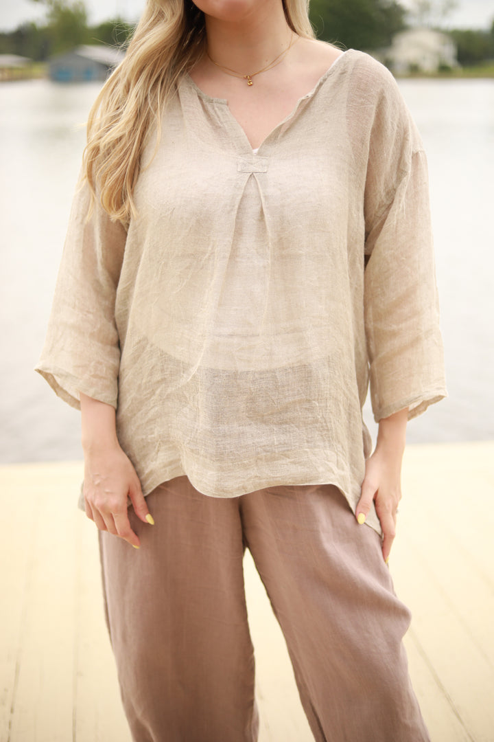 Sheer Pleated Linen Tunic Top