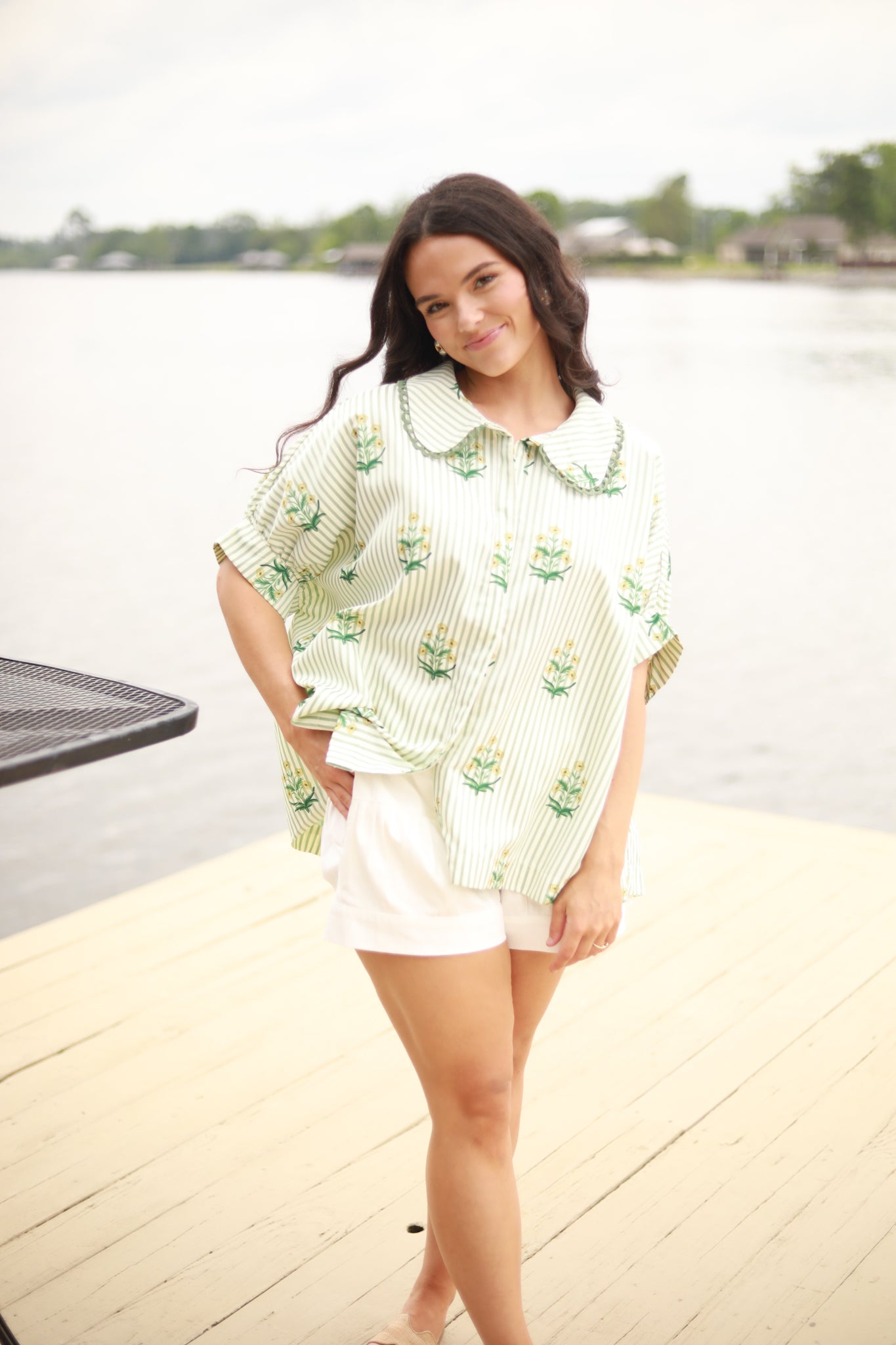 Stripe Floral Button Down Top