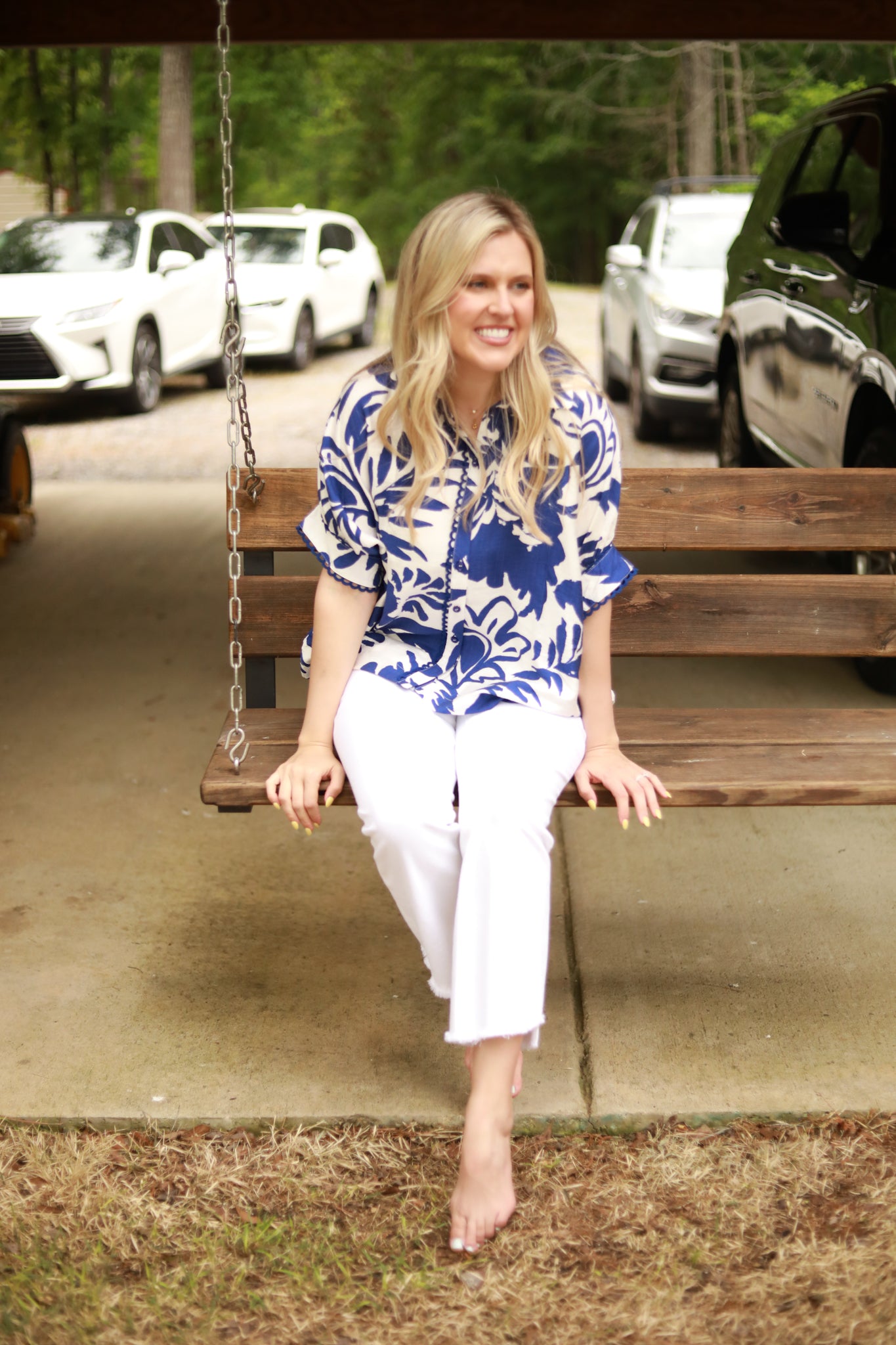 Button Front Two Tone Floral Top