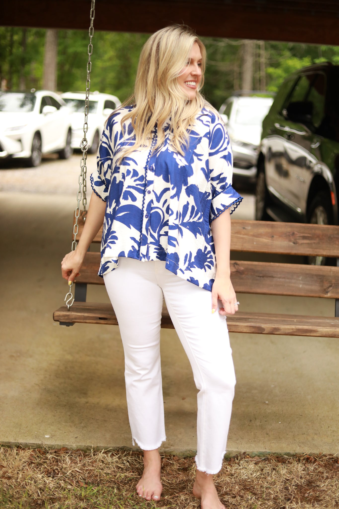 Button Front Two Tone Floral Top