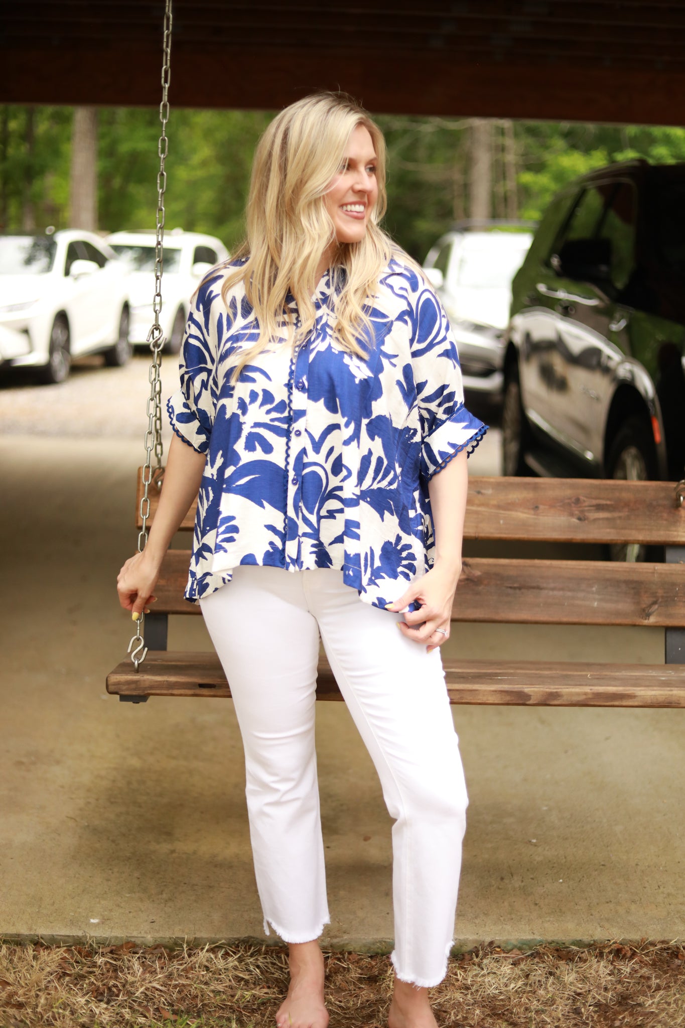 Button Front Two Tone Floral Top