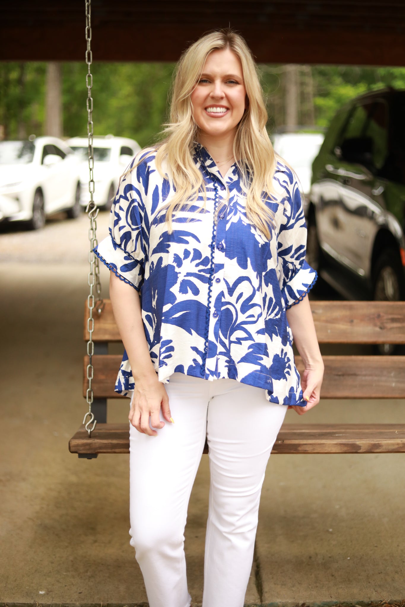 Button Front Two Tone Floral Top