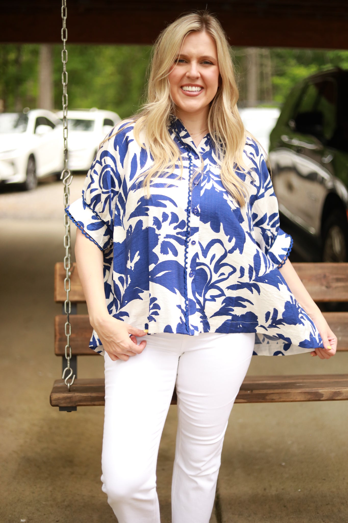 Button Front Two Tone Floral Top