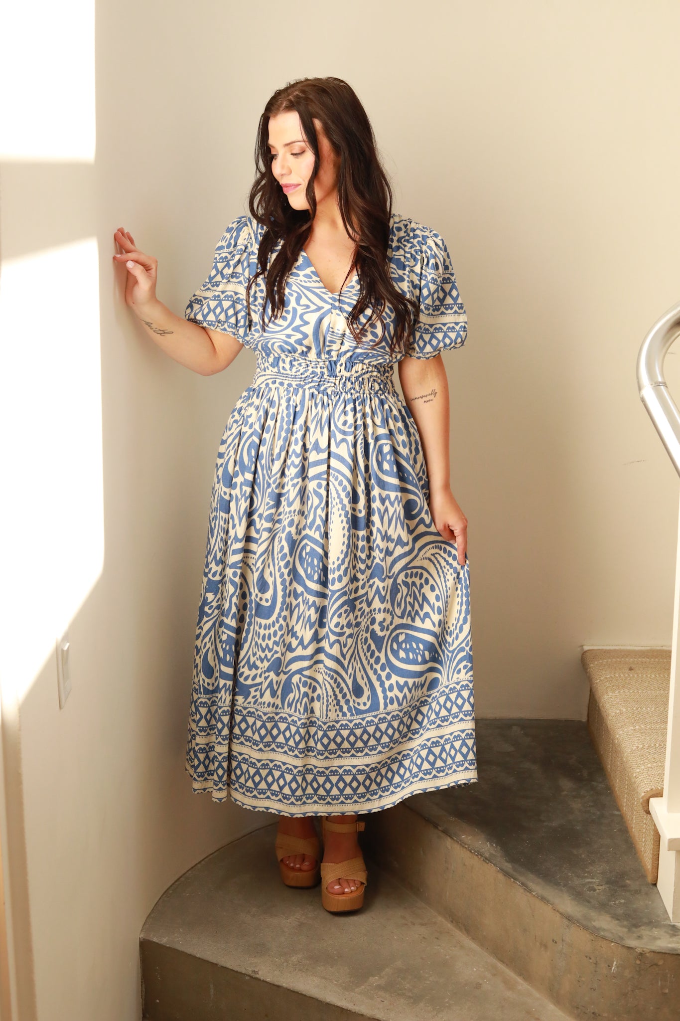 Blue Printed Midi Dress