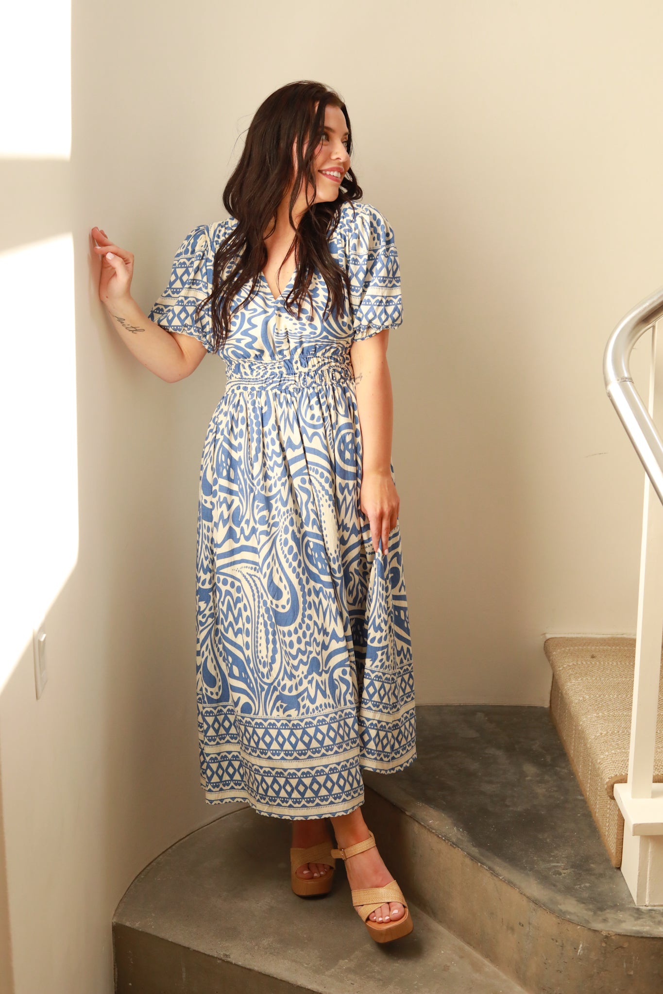 Blue Printed Midi Dress