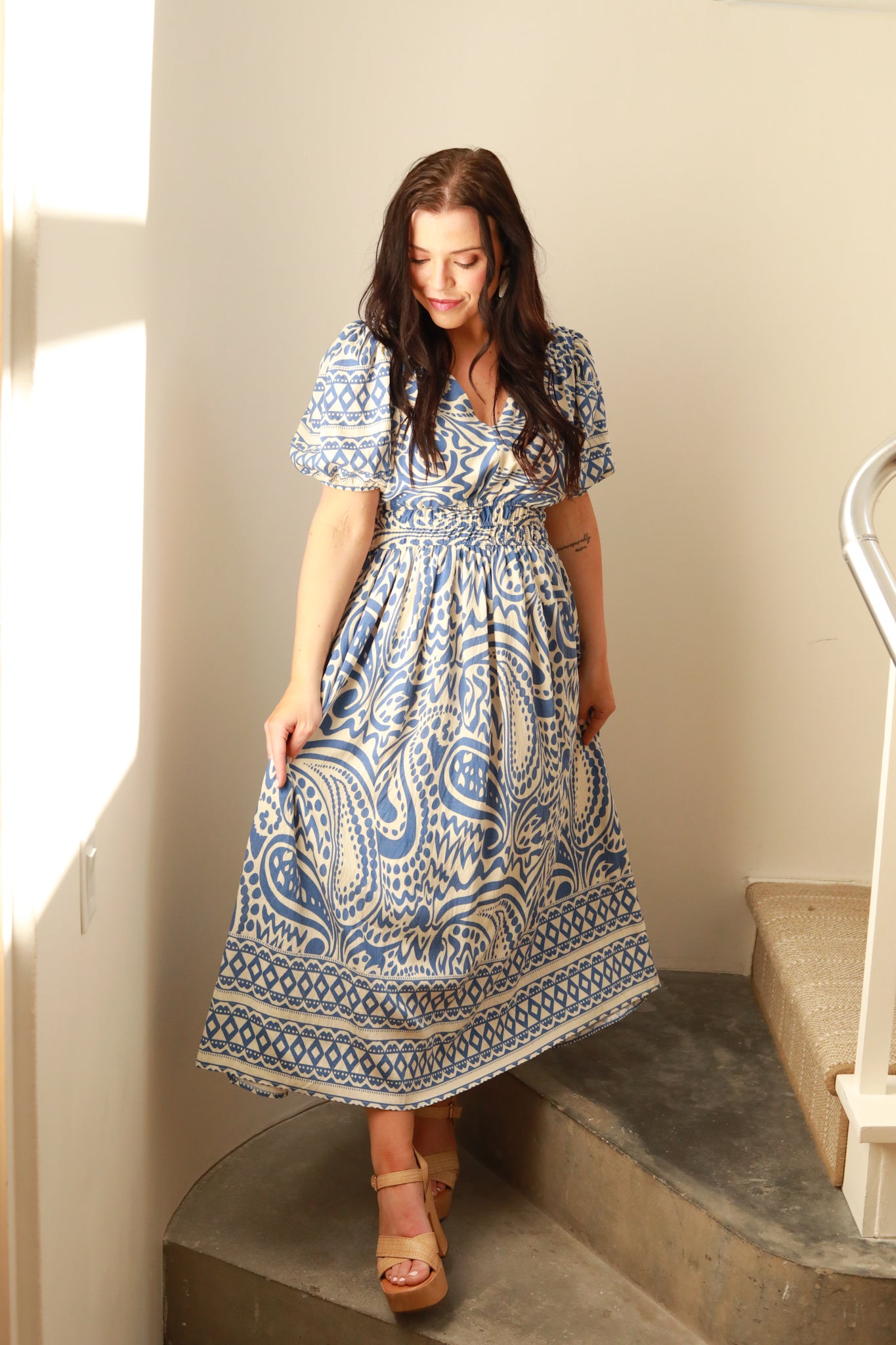 Blue Printed Midi Dress