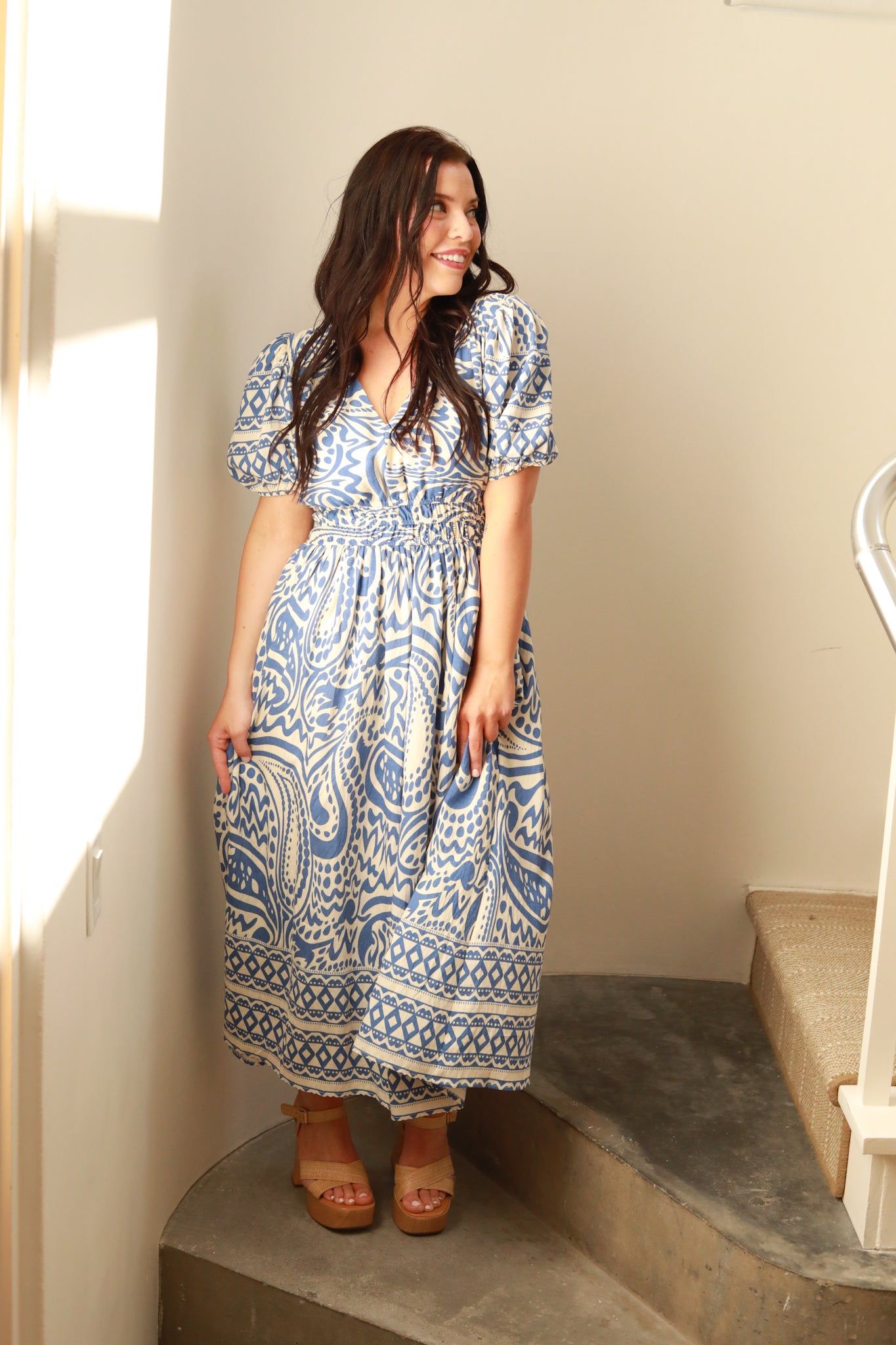 Blue Printed Midi Dress