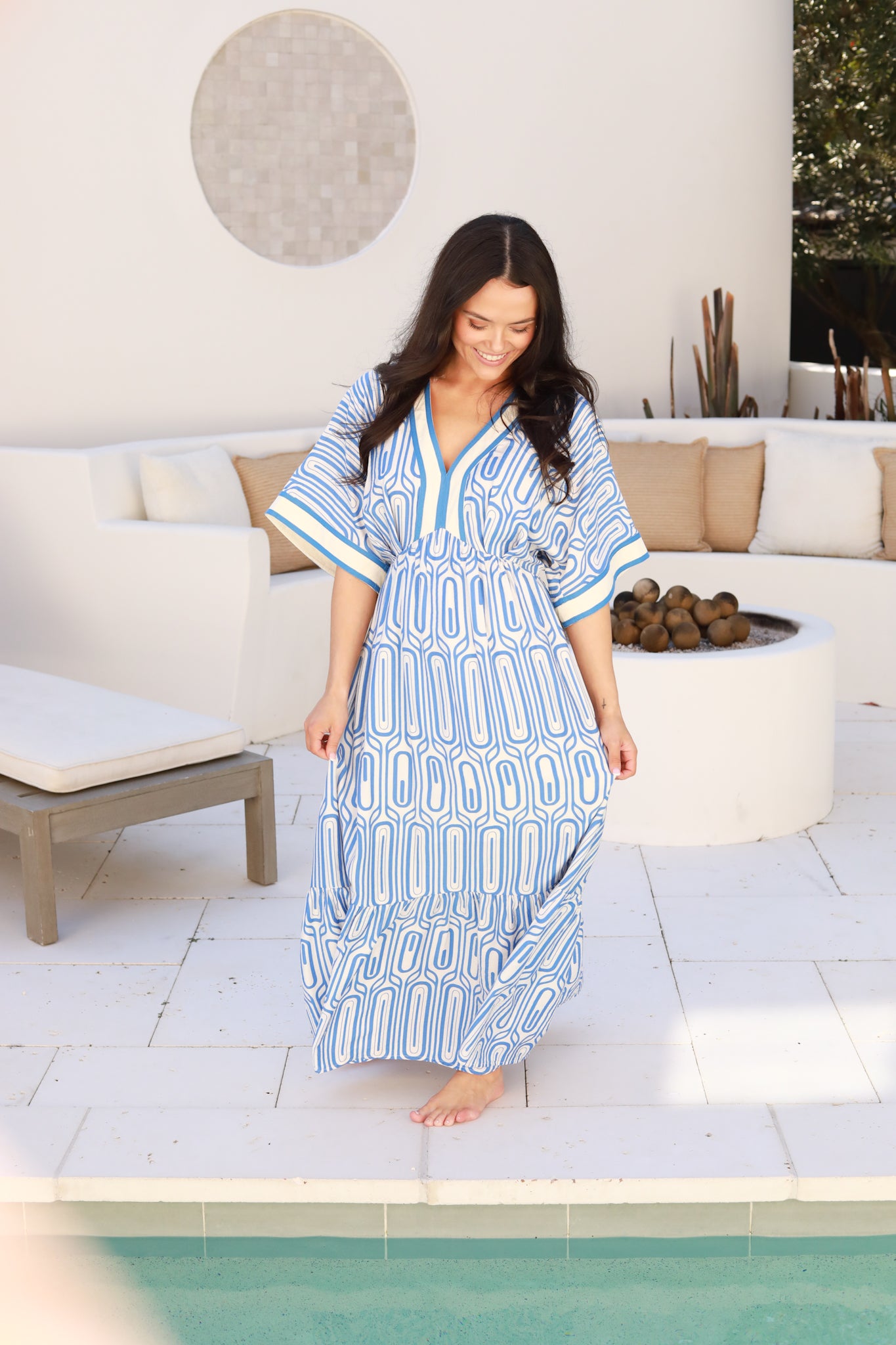 Geometric Print Sleeved Midi Dress