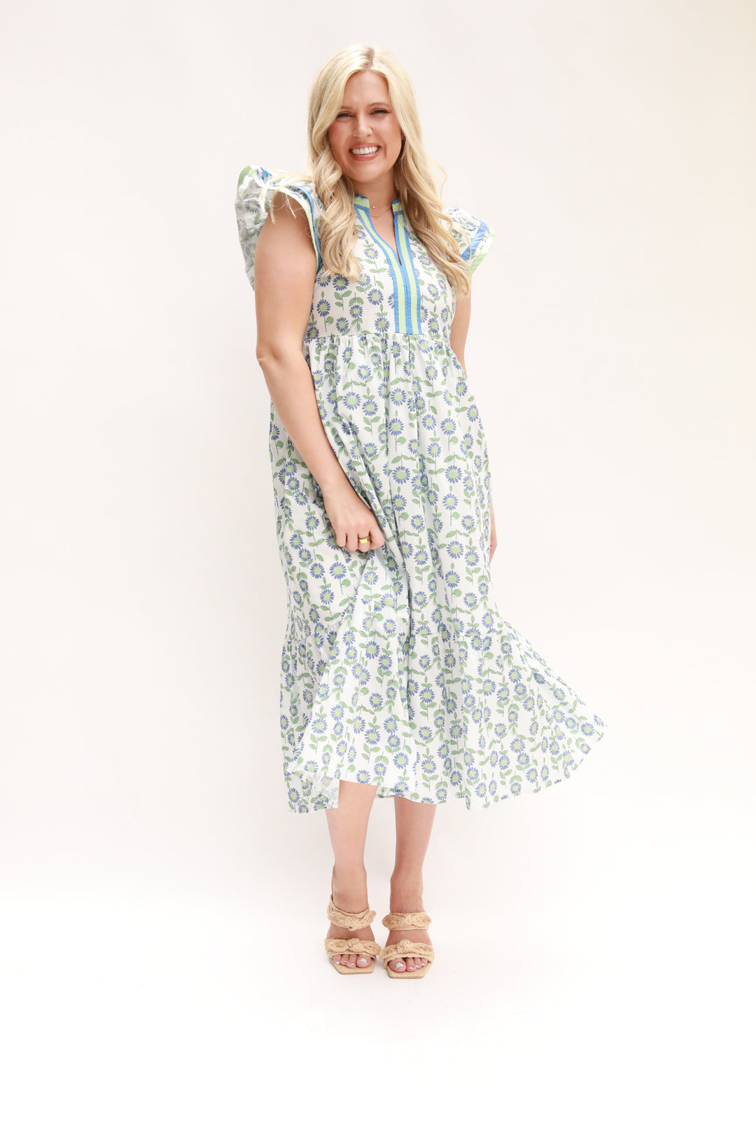 Stripe Taping Floral Midi Dress