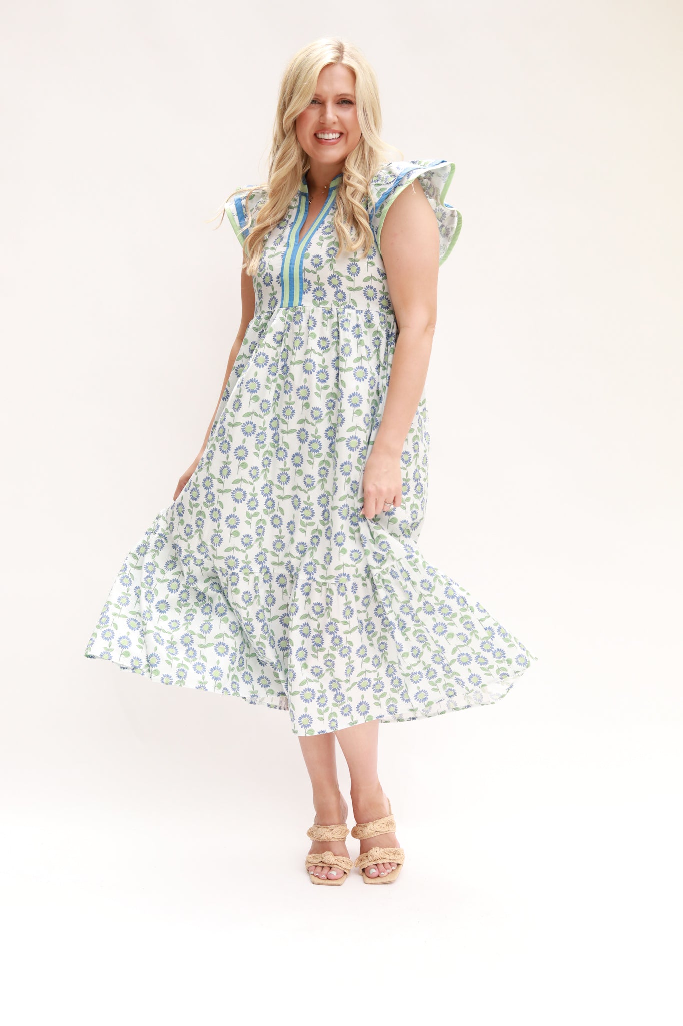 Stripe Taping Floral Midi Dress