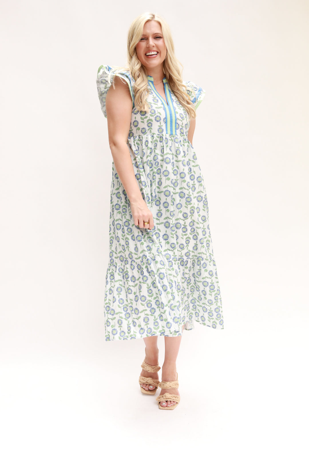 Stripe Taping Floral Midi Dress