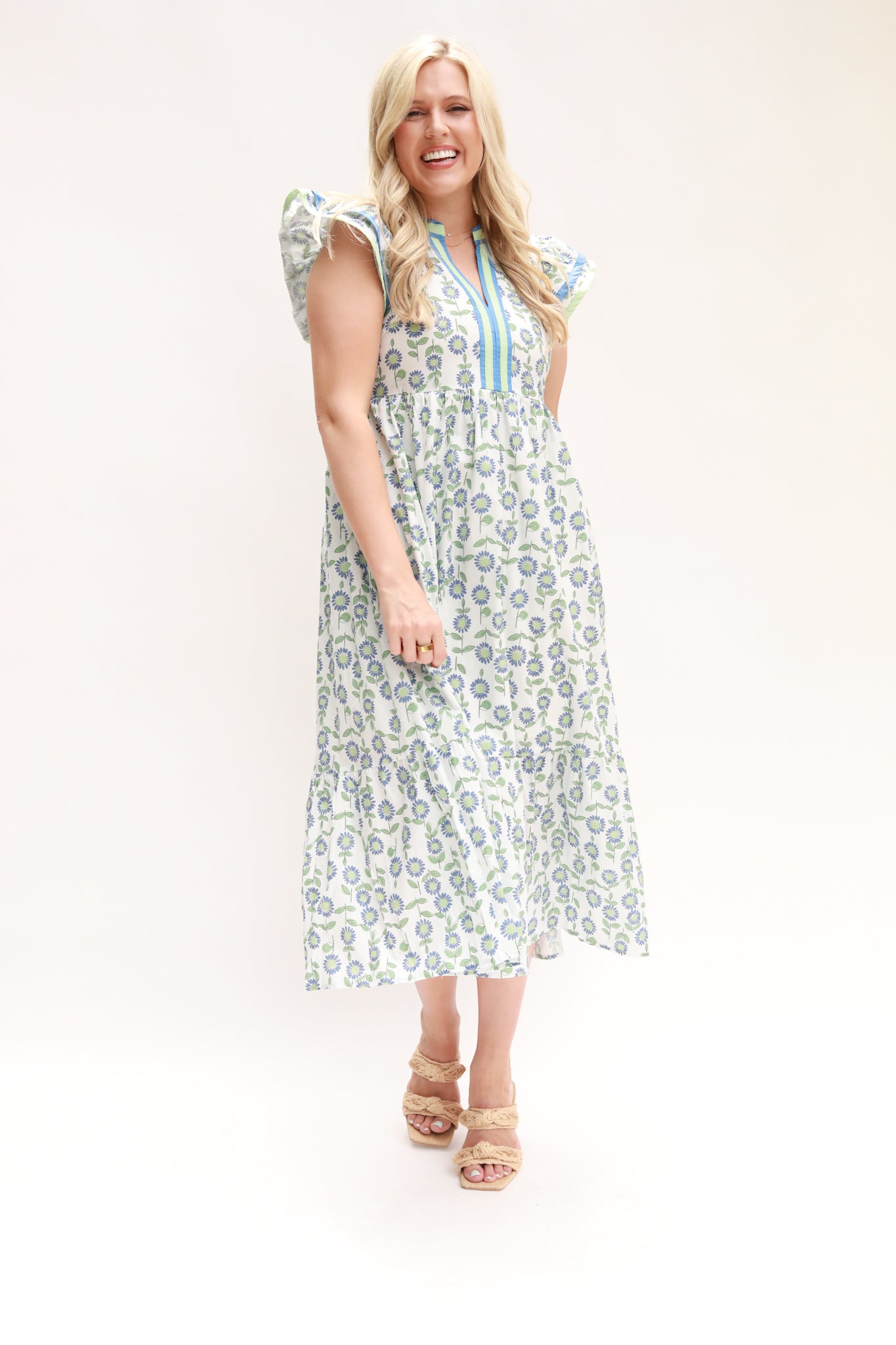 Stripe Taping Floral Midi Dress