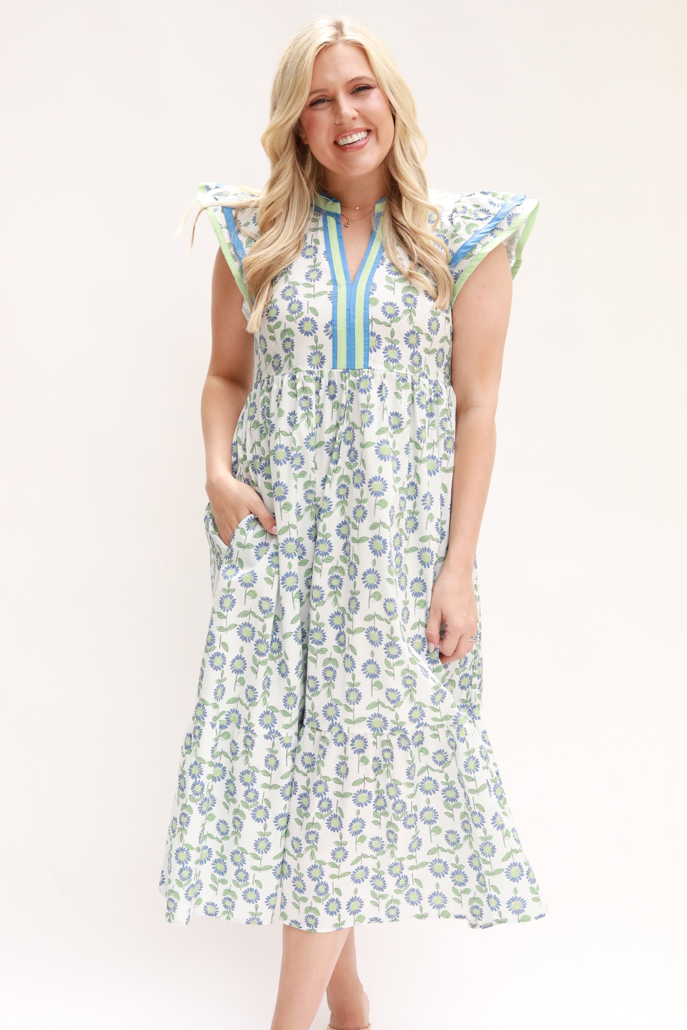 Stripe Taping Floral Midi Dress