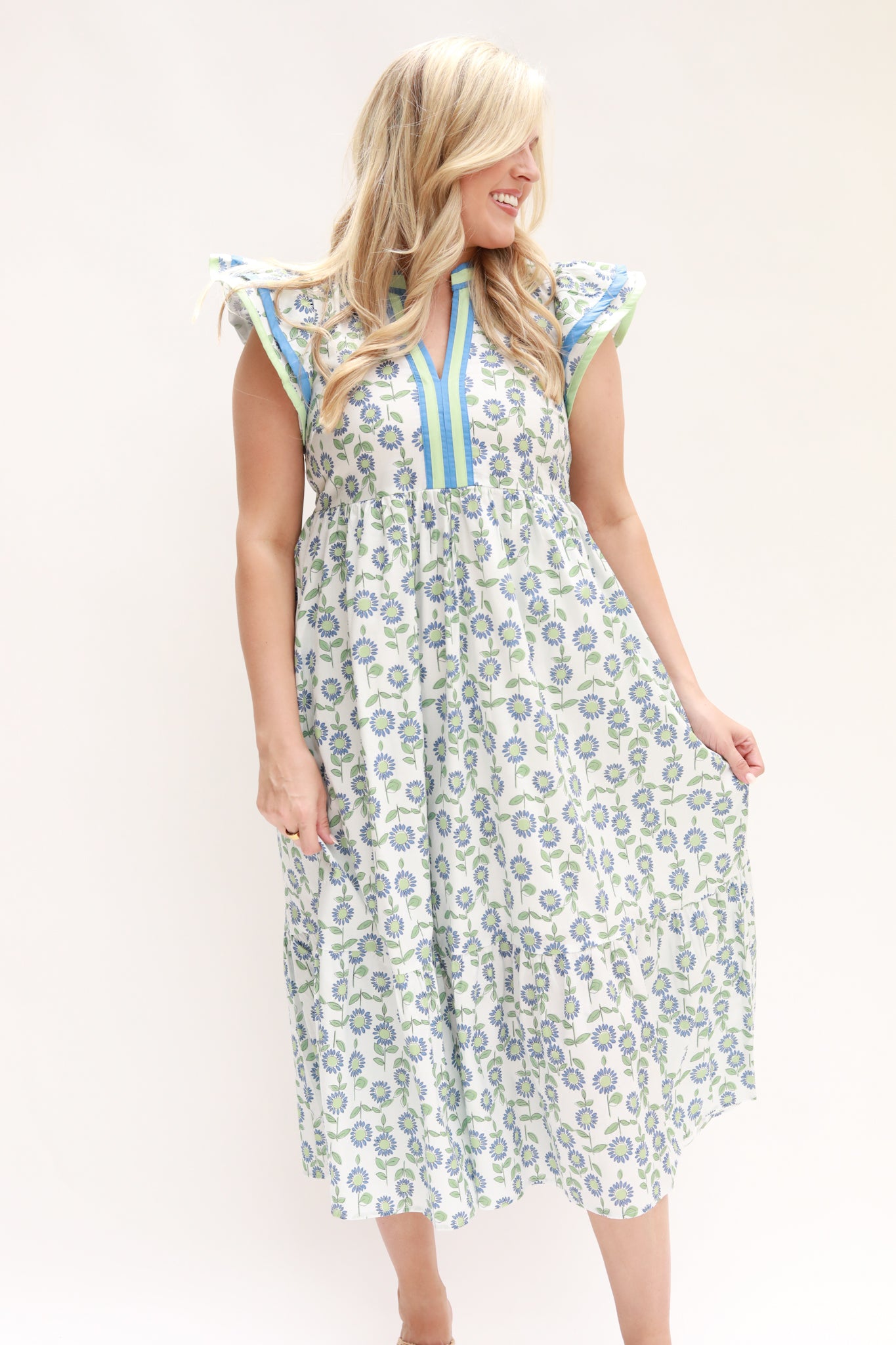 Stripe Taping Floral Midi Dress