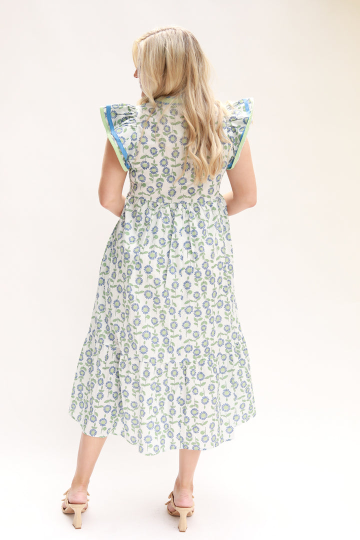 Stripe Taping Floral Midi Dress