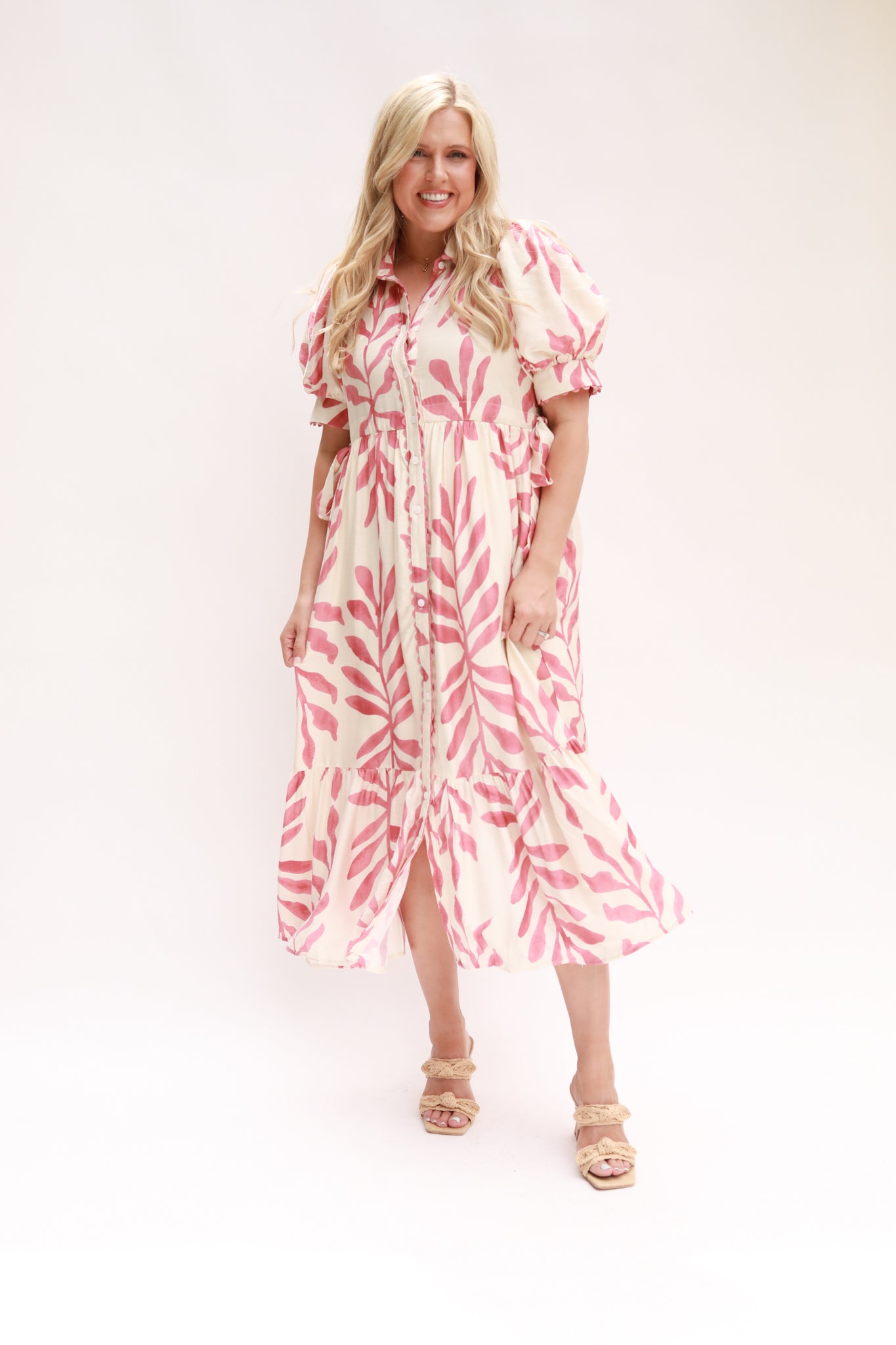 Leaf Print Button Down Midi Dress