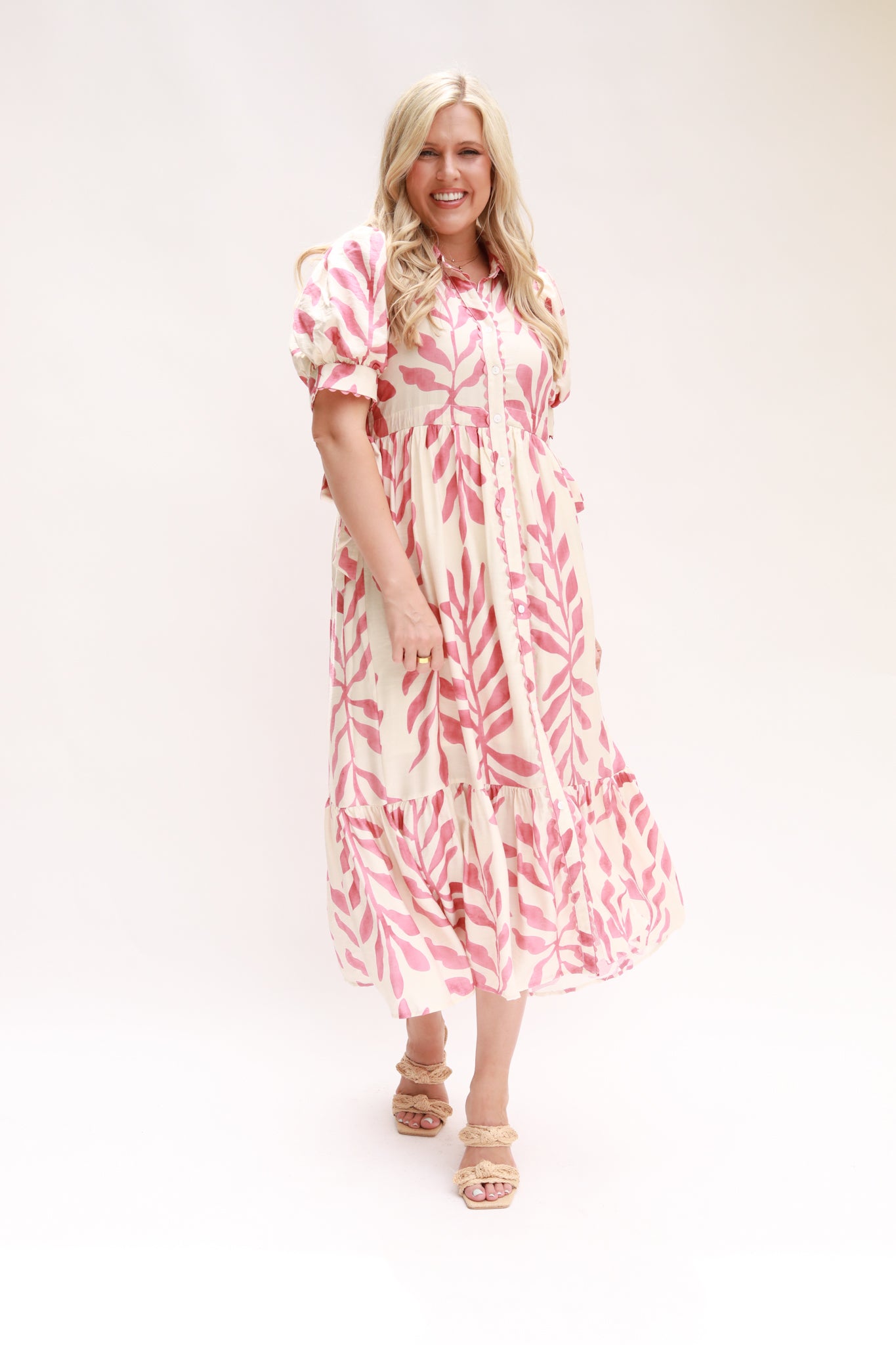 Leaf Print Button Down Midi Dress